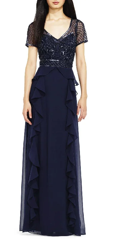 women's glam dressesAdrianna Papell AP1E201086 Short Sleeve Mesh Bodice Ruffled Chiffon Dress