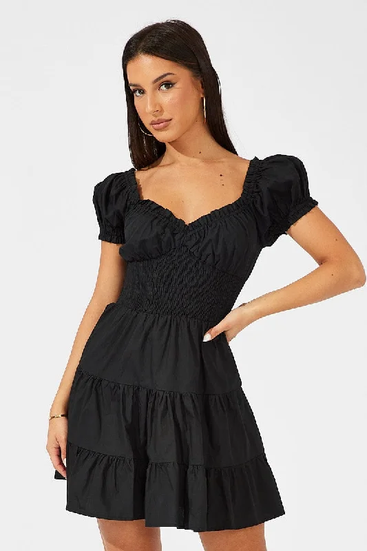 Halter DressBlack Fit and Flare Dress Short Sleeve Shirred Waist
