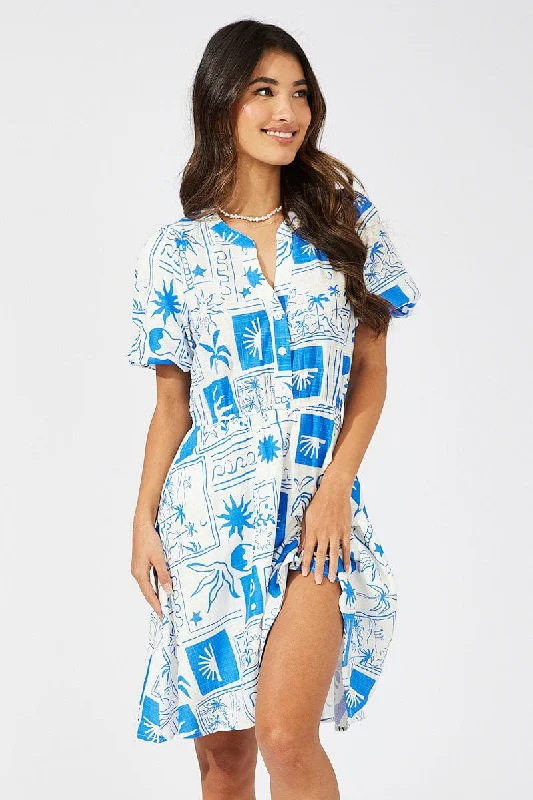 women's work dressesBlue Abstract Shirt Dress Short Sleeve Tiered