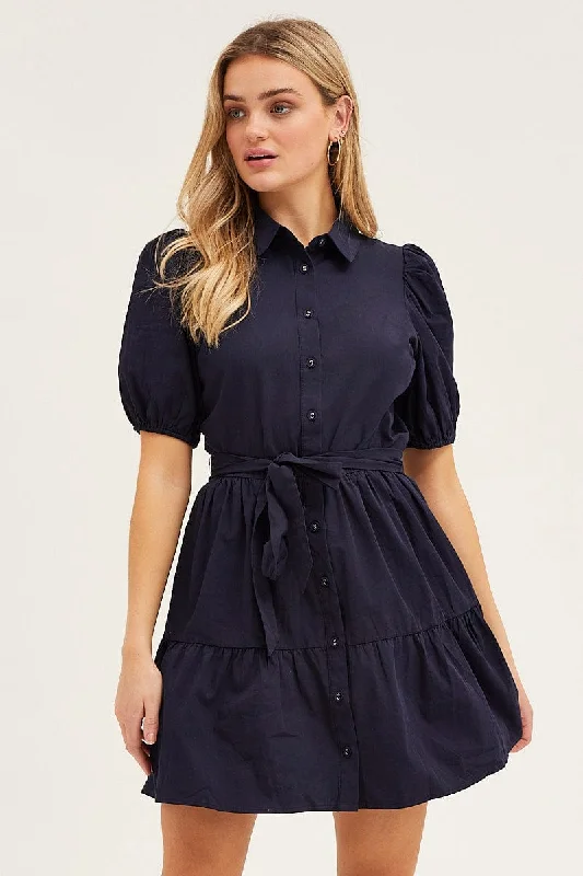 Custom DressBlue Puff Sleeve Button Up Tie Waist Tiered Dress