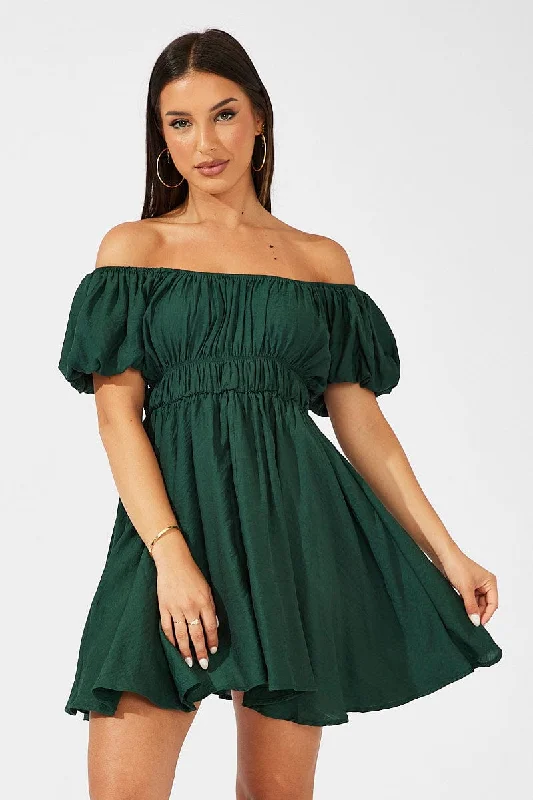 Statement DressGreen Fit and Flare Dress Short Sleeve Ruched
