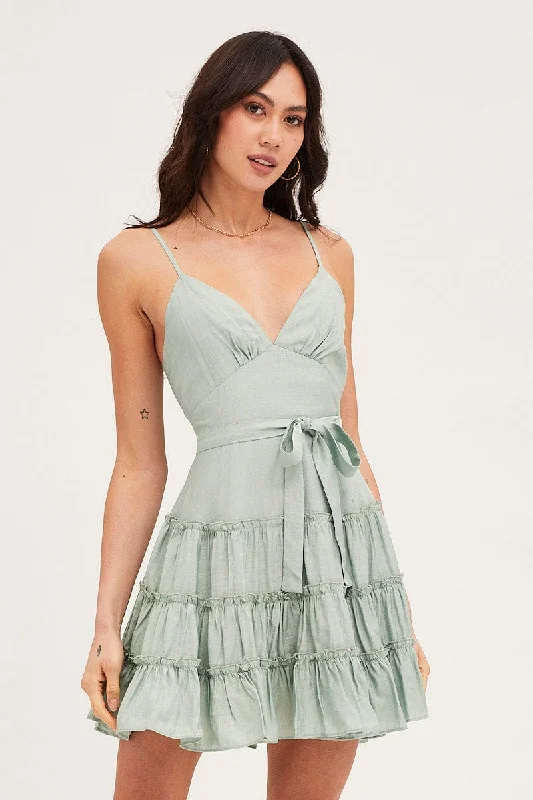 women's retro dressesGreen V Neck Frill Skater Dress