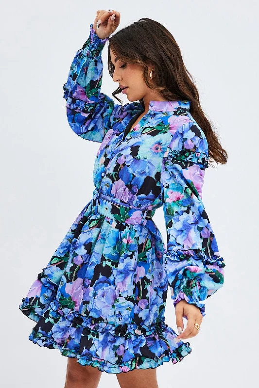 Casual Chic DressMulti Floral Ruffle Balloon Sleeve Button Skater Dress