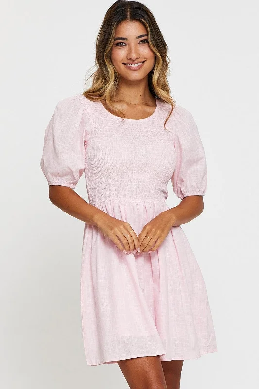 women's one-shoulder dressesPink Fit And Flare Dress Short Sleeve Round Neck