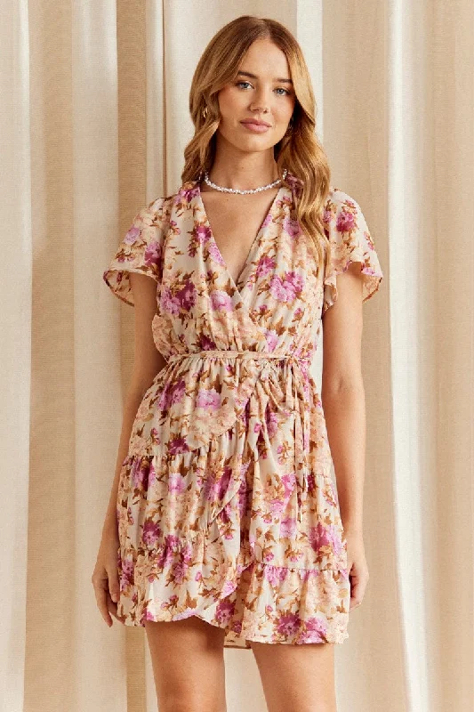 women's retro dressesPink Floral Fit And Flare Dress Short Sleeve Wrap Chiffon