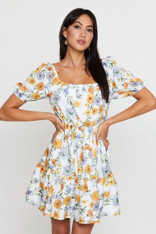 women's high-low dressesPrint Fit And Flare Dress Short Sleeve Square Neck