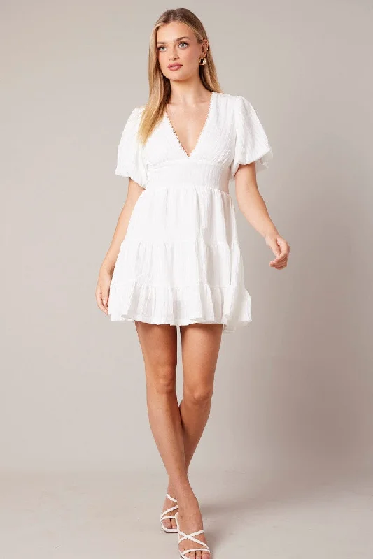 Zipper DressWhite Fit And Flare Dress Puff Sleeve