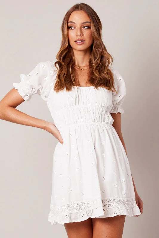 women's mother of the bride dressesWhite Fit And Flare Dress Puff Sleeve
