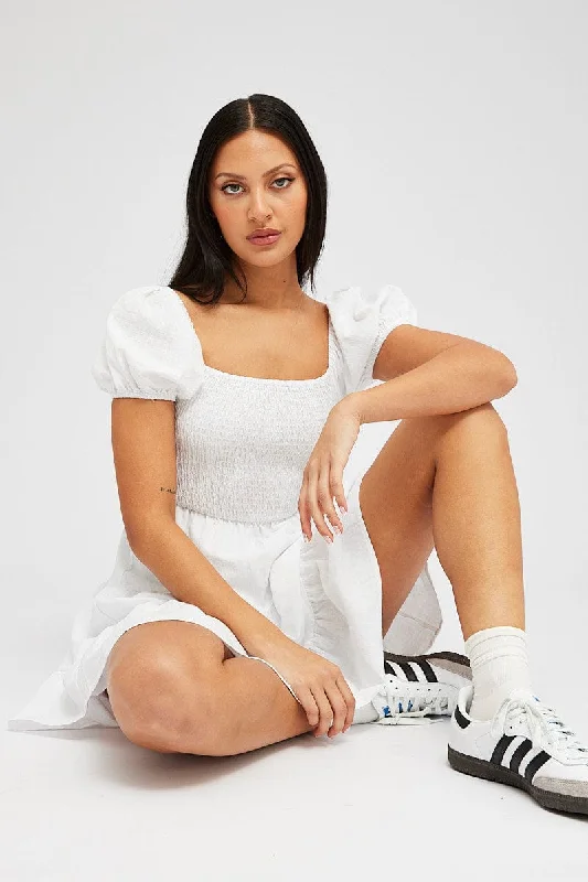 women's pear-shaped body dressesWhite Fit and Flare Dress Short Sleeve Shirred