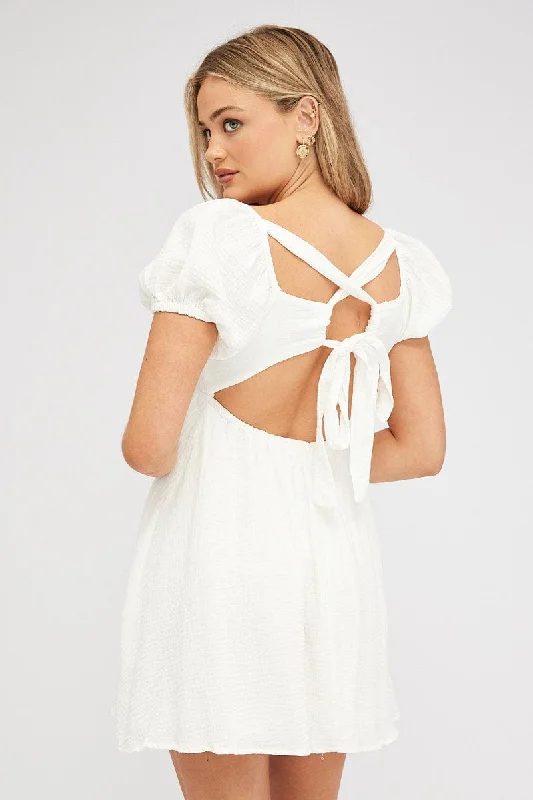 Empire DressWhite Fit and Flare Dress Short Sleeve Tie Back Babydoll
